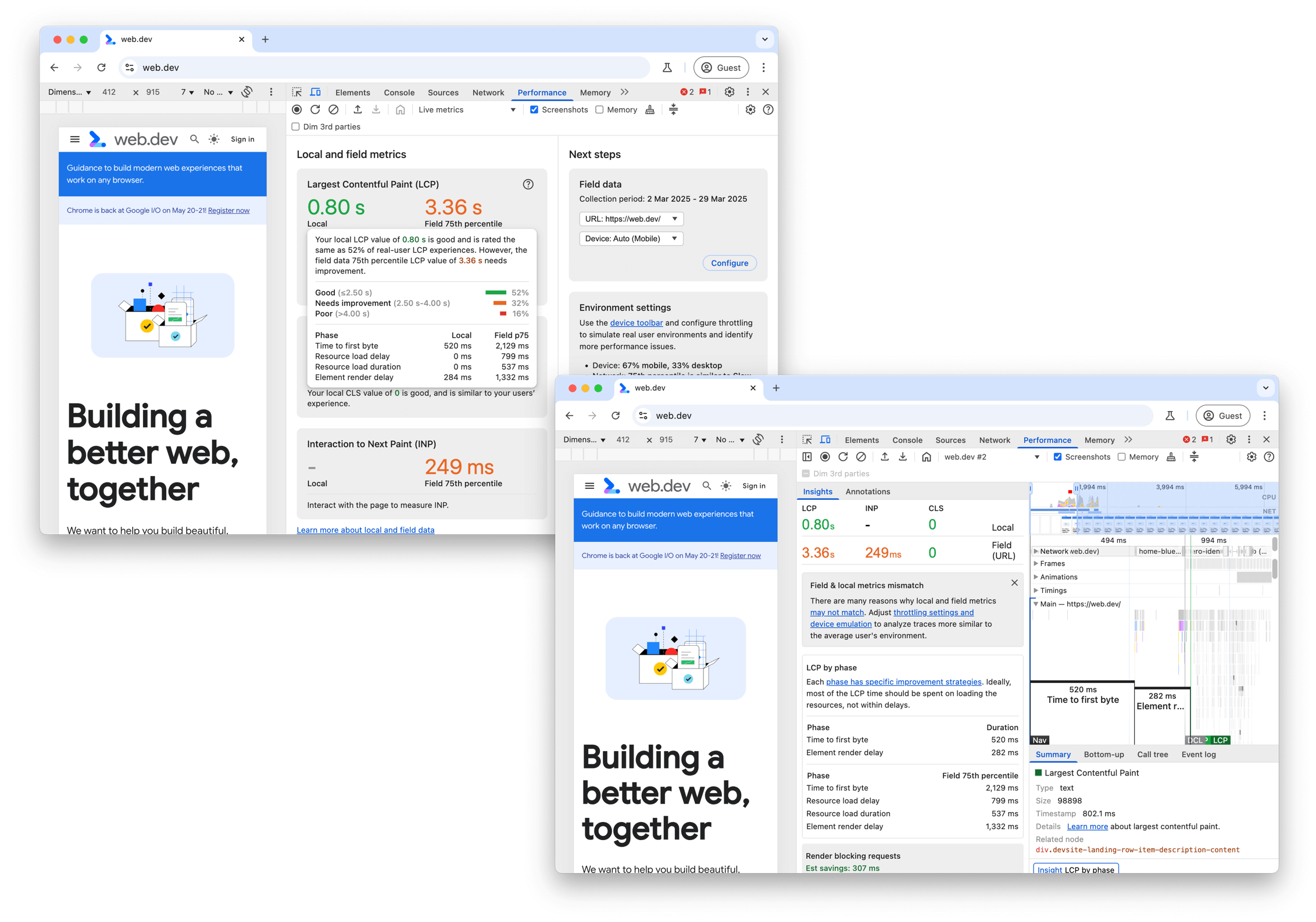 LCP local et sur le terrain dans le panneau "Performances" des outils pour les développeurs Chrome
