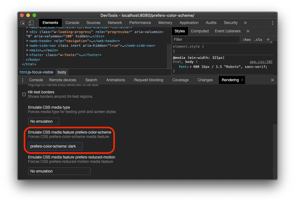 ภาพหน้าจอของตัวเลือก "จำลองฟีเจอร์สื่อ CSS prefers-color-scheme" ซึ่งอยู่ในแท็บการแสดงผลของเครื่องมือสำหรับนักพัฒนาเว็บใน Chrome