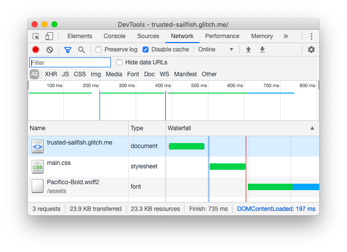 Chrome 开发者工具“网络”面板的屏幕截图。