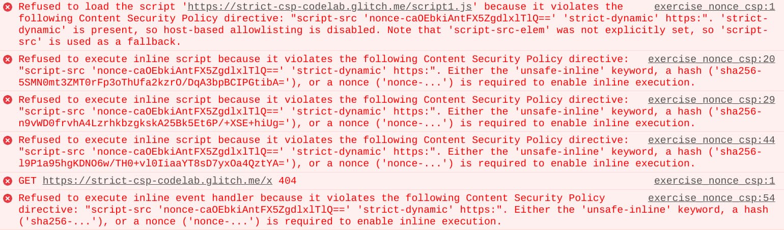 Chrome 开发者控制台中的 CSP 违规报告。