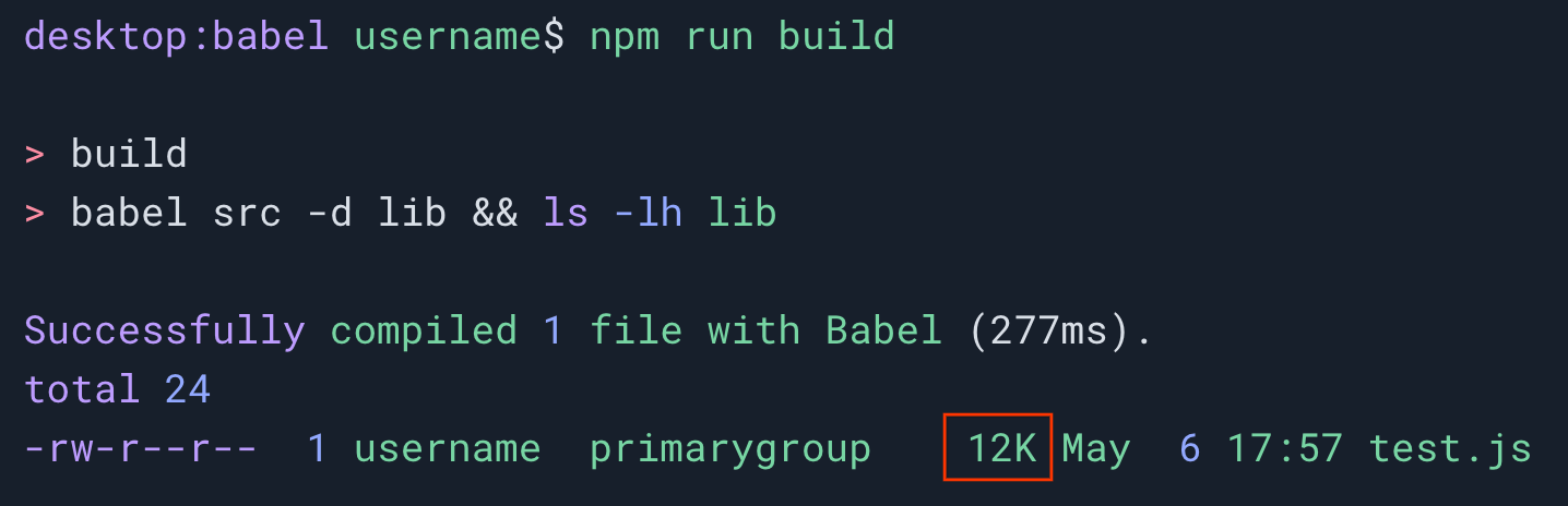 Eine Terminalsitzung, in der zu sehen ist, dass der Befehl „npm run build“ auf einer JavaScript-Datei namens „test.js“ ausgeführt wurde.  Die Ausgabedatei hat eine Größe von 12 Kilobyte.