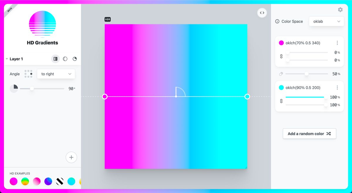 Zrzut ekranu pokazujący edytor gradient.style z żywym gradientem od różu do błękitu.