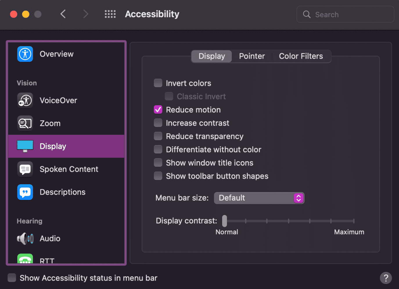 Interface das configurações de tela do MacOS, em que a opção "Reduzir movimento" está ativada.